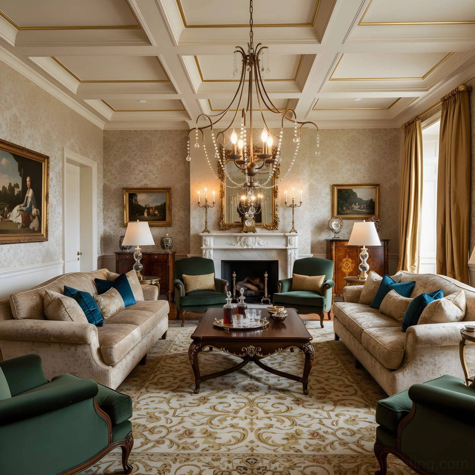 Fabio crystal chandelier installed in formal traditional living room with warm neutral decor