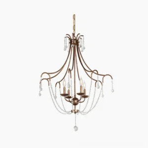 Fabio 4-head crystal chandelier front view with antique brass frame and cascading crystal teardrops