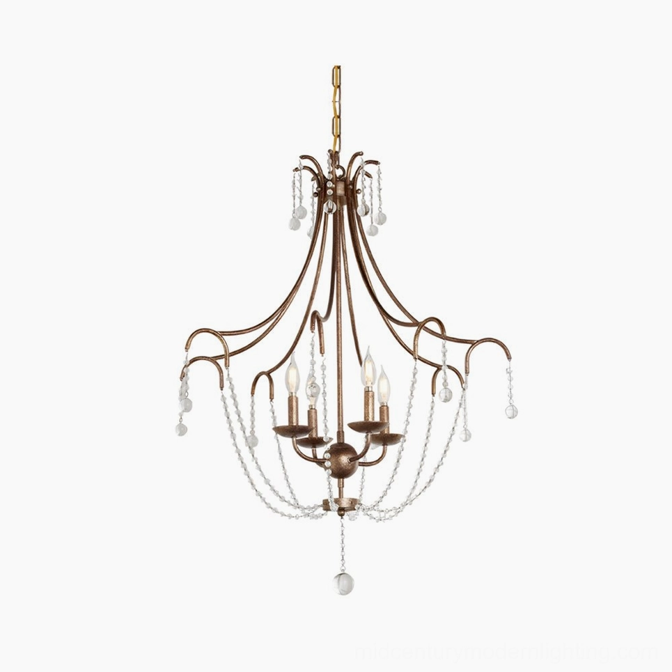 Fabio 4-head crystal chandelier front view with antique brass frame and cascading crystal teardrops
