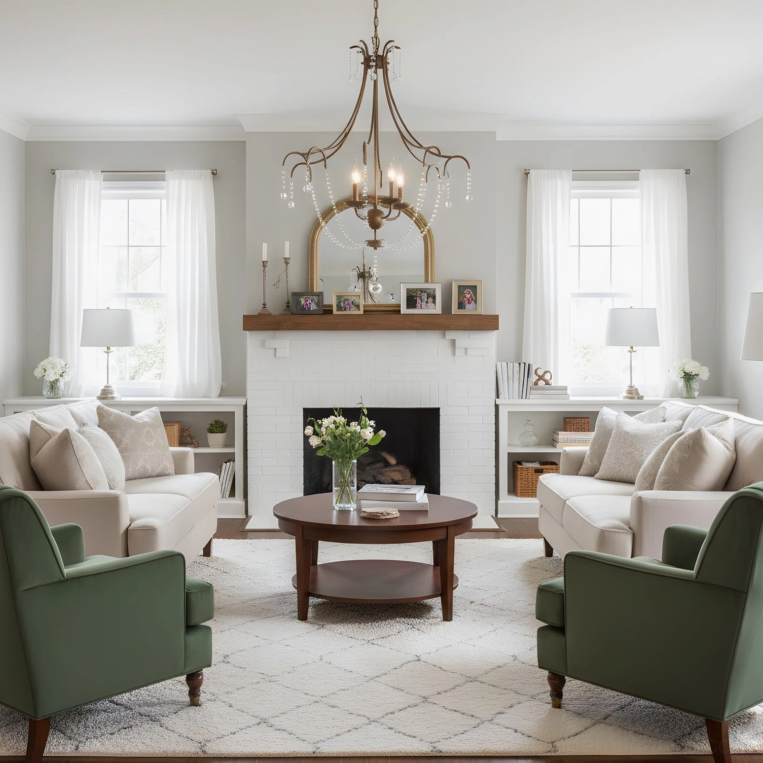 Fabio crystal chandelier minimalist traditional living room bright white fireplace neutral palette