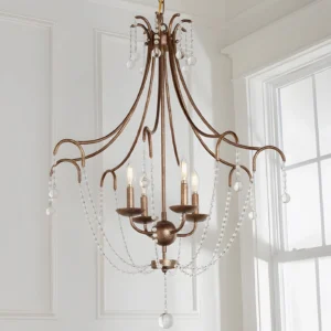 Fabio crystal chandelier three-quarter angle showing curved brass arms and dangling crystal beads