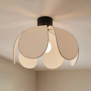 Petal ceiling lamp installed in cream tone bedroom with warm ambient lighting - overhead close-up view showing fabric texture and light diffusion