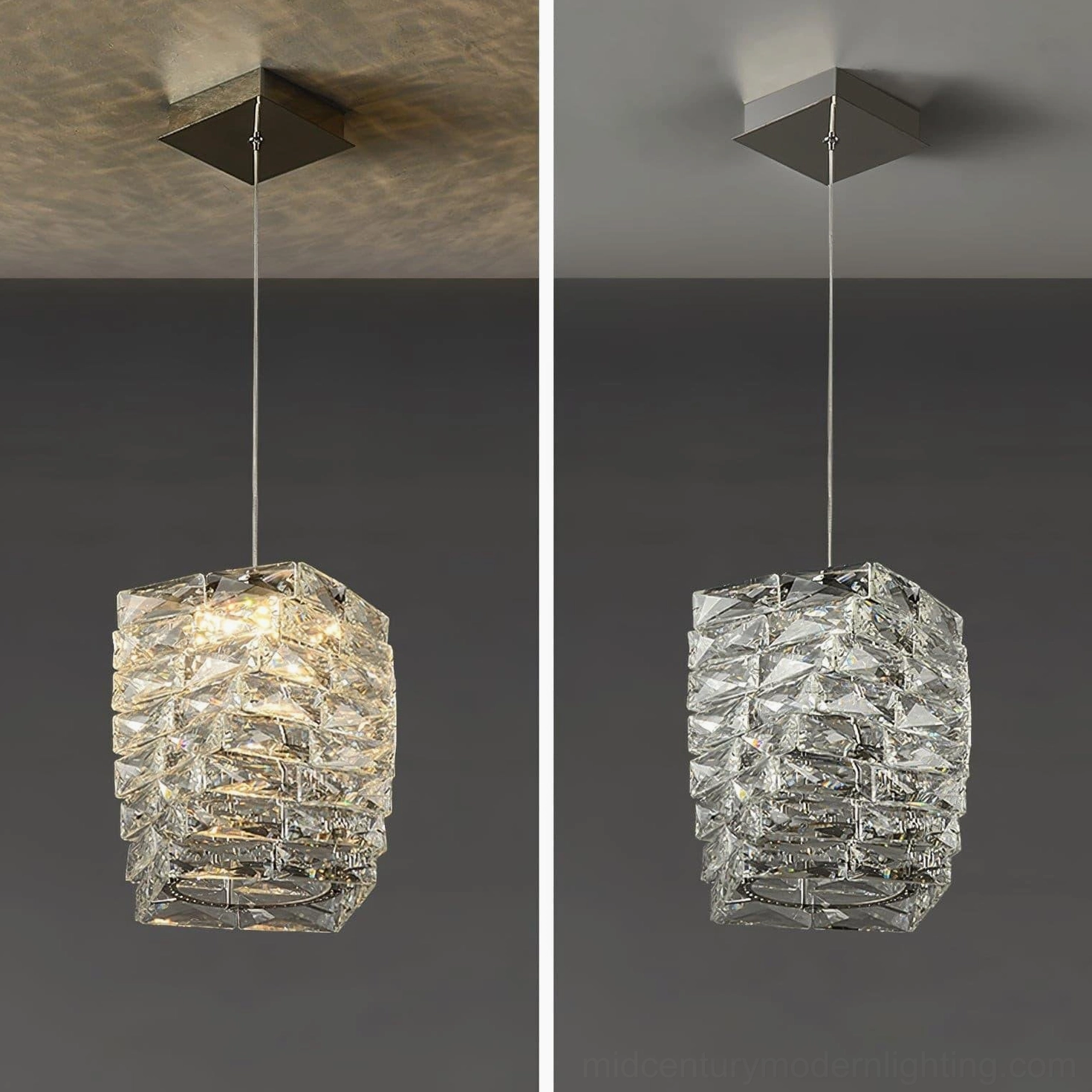 Faceted crystal pendant light fixture in modern interior space demonstrating elegant pendant installation