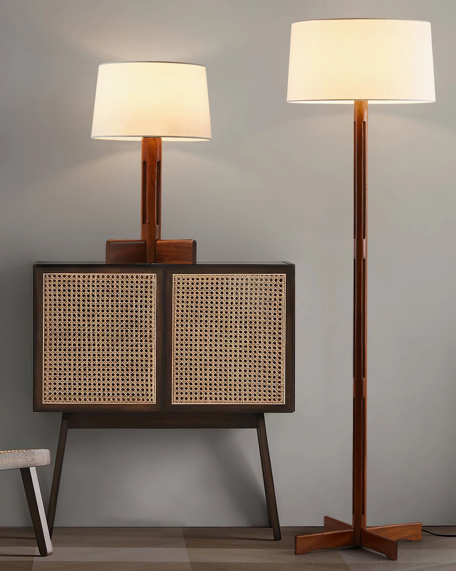 FAD Floor Lamp paired with matching FAD Table Lamp in minimalist living space showing coordinated lighting ensemble