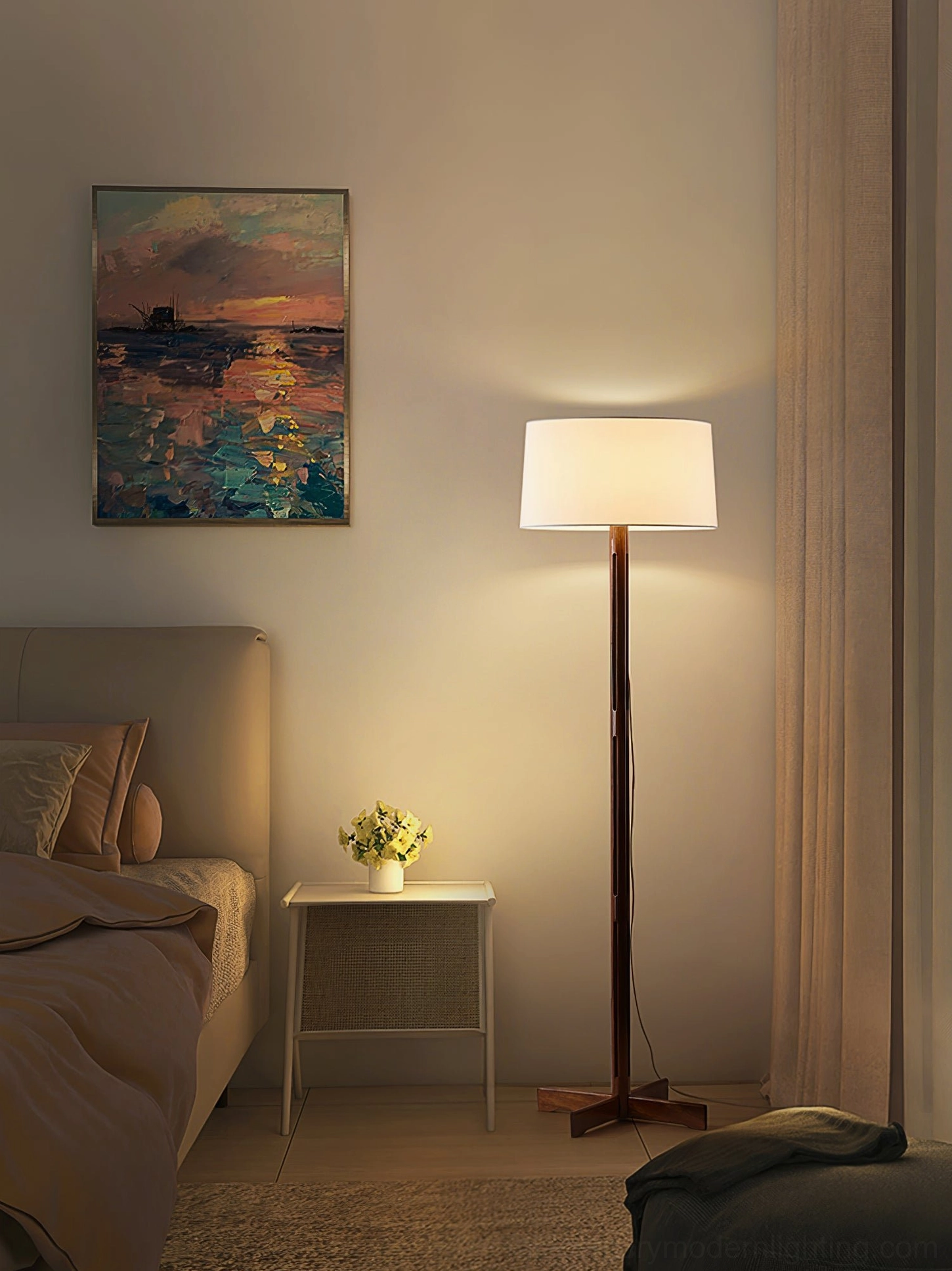 FAD Walnut Floor Lamp providing warm ambient light in cozy bedroom sleeping area