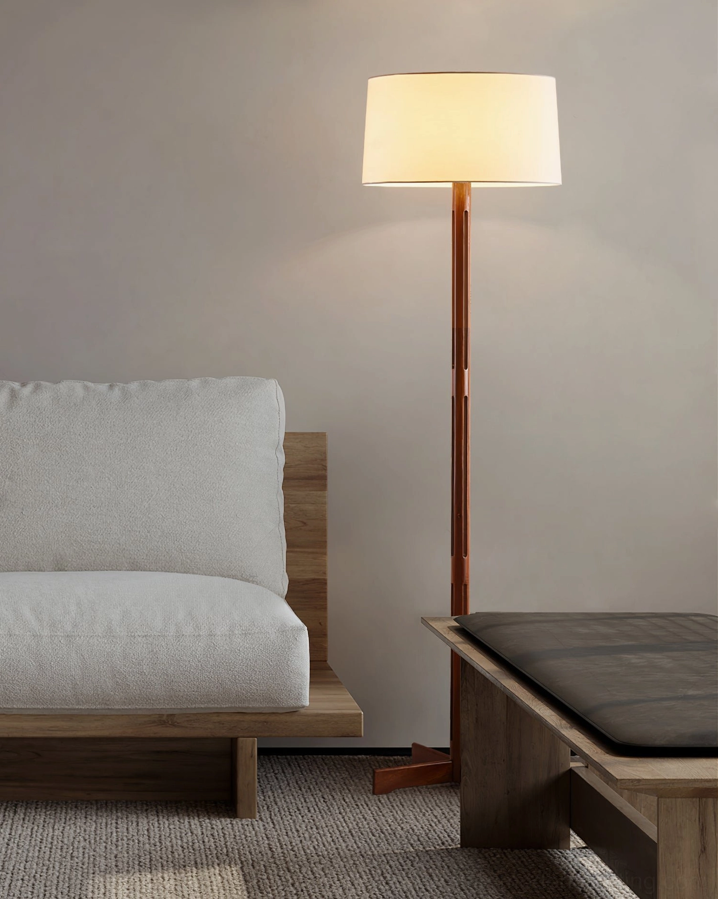 FAD Walnut Floor Lamp in contemporary living room with sofa and wabi-sabi minimalist decor