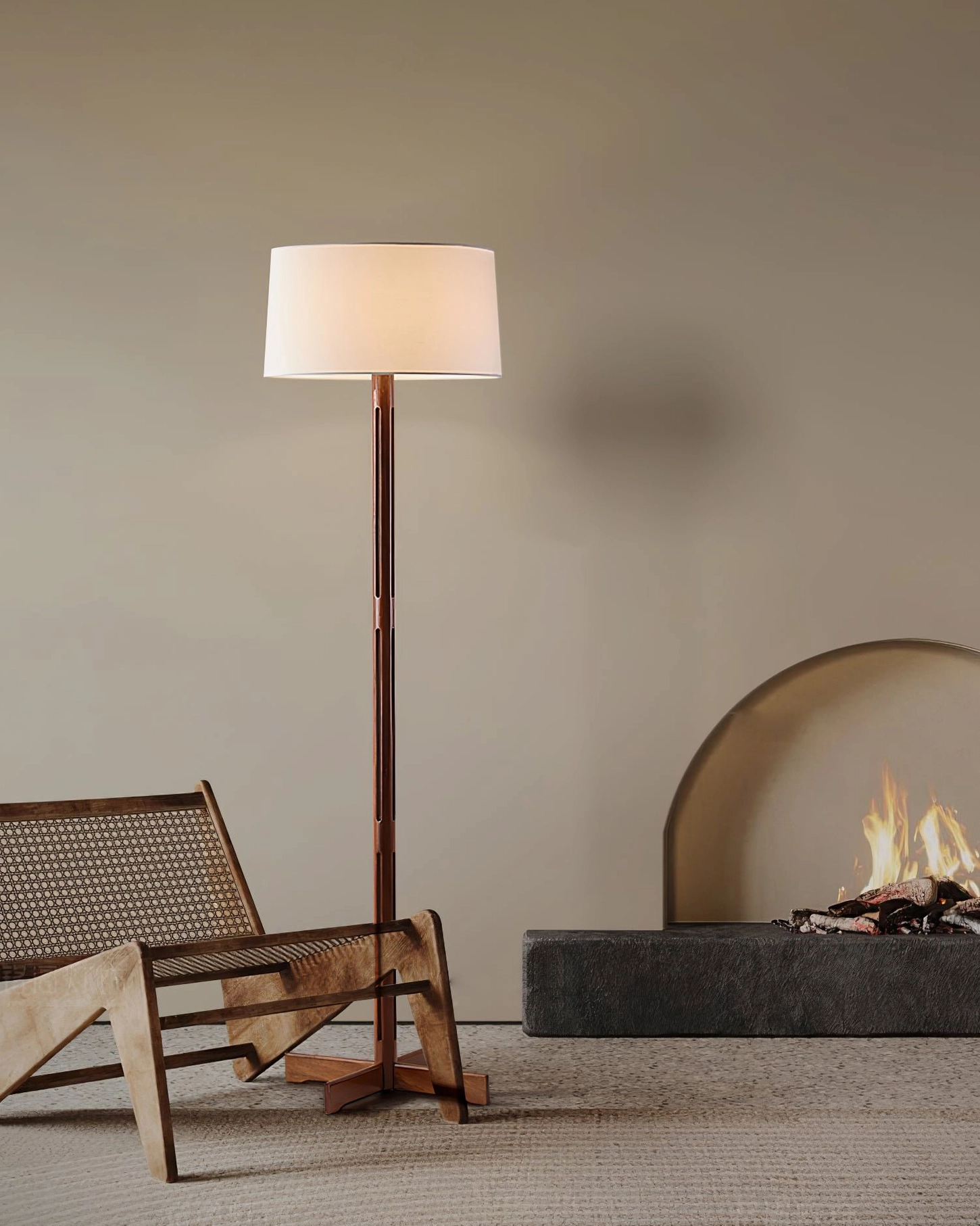 FAD Floor Lamp in modern minimalist living room with fireplace and natural wood furnishings