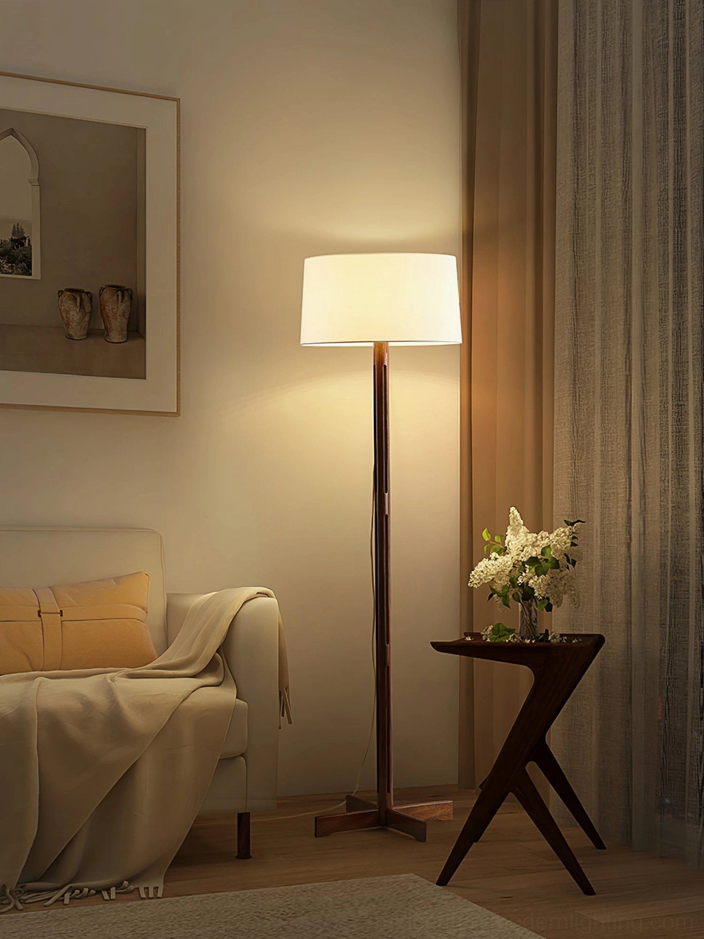 FAD Floor Lamp in warm living room lounge zone with side table and floral accent decor