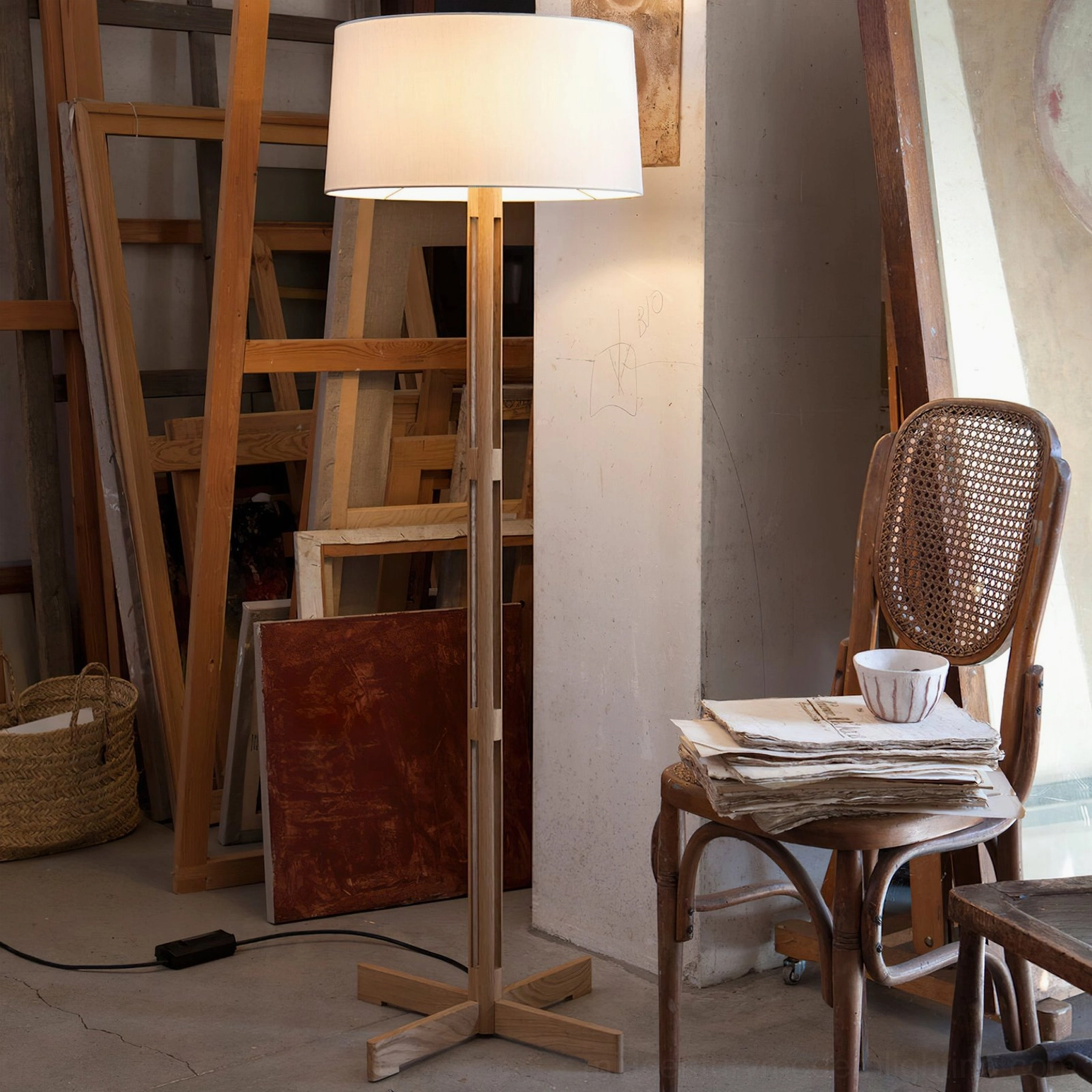FAD Floor Lamp three-piece matching set in natural wood finish showing coordinated lighting collection