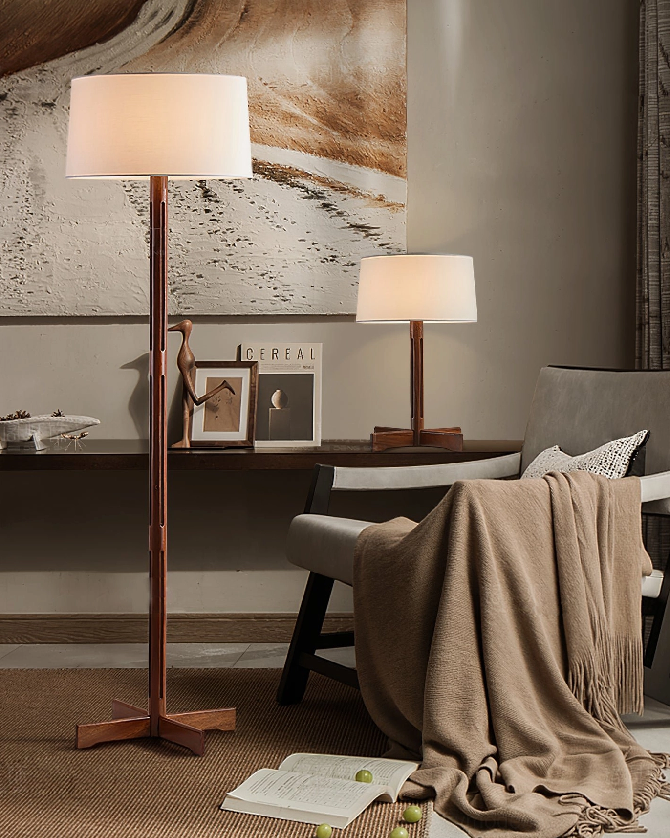 FAD Floor Lamp with matching table lamps in home study and reading nook with wall artwork