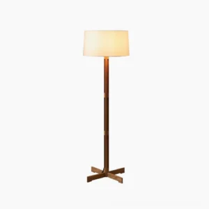 FAD Walnut Floor Lamp front view with white linen shade and wooden cross base on neutral studio background