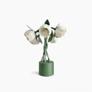 Faira tulip LED table lamp with white frosted flower heads and sage green twisted stem on white studio background