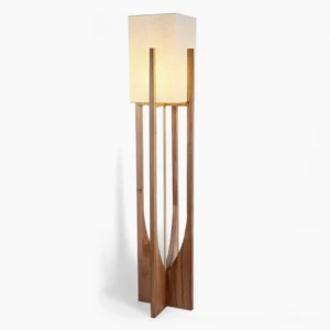Fairbanks mid-century modern floor lamp with wooden frame and white fabric shade on studio background