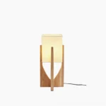 Fairbanks modern table lamp wood and white linen shade front view studio shot