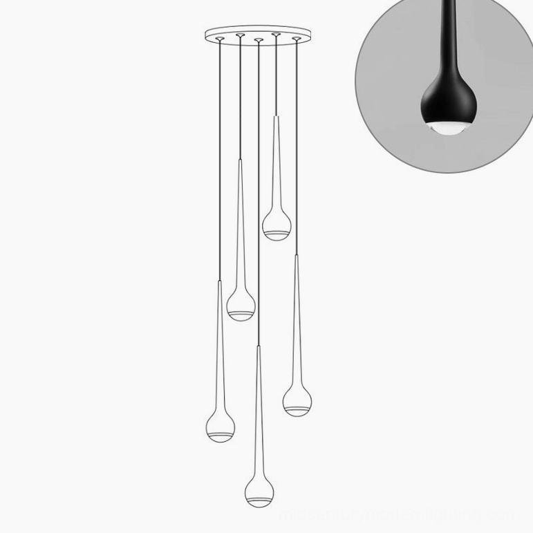 Matte black five-head teardrop pendant light with dramatic modern design impact
