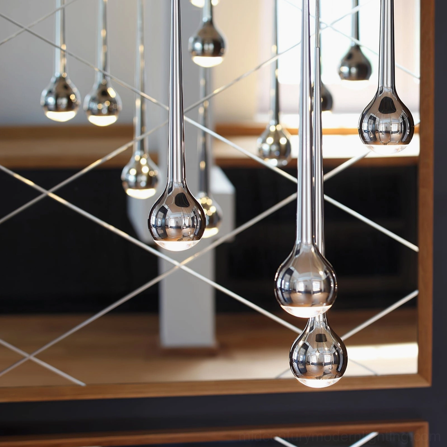 Matte black teardrop pendant light mounting hardware and ceiling installation view