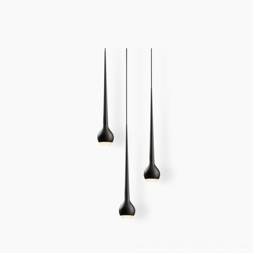 Falling Water teardrop pendant light with matte black finish, front studio view on white background