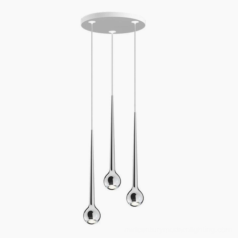 Three-head black teardrop pendant cluster in contemporary minimalist interior space