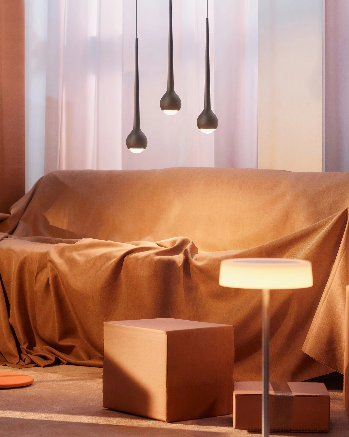 Warm ambient lighting from matte black teardrop pendant in cozy residential living room