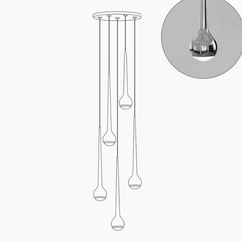 Chrome finish five-head teardrop pendant cluster for large-scale modern installations