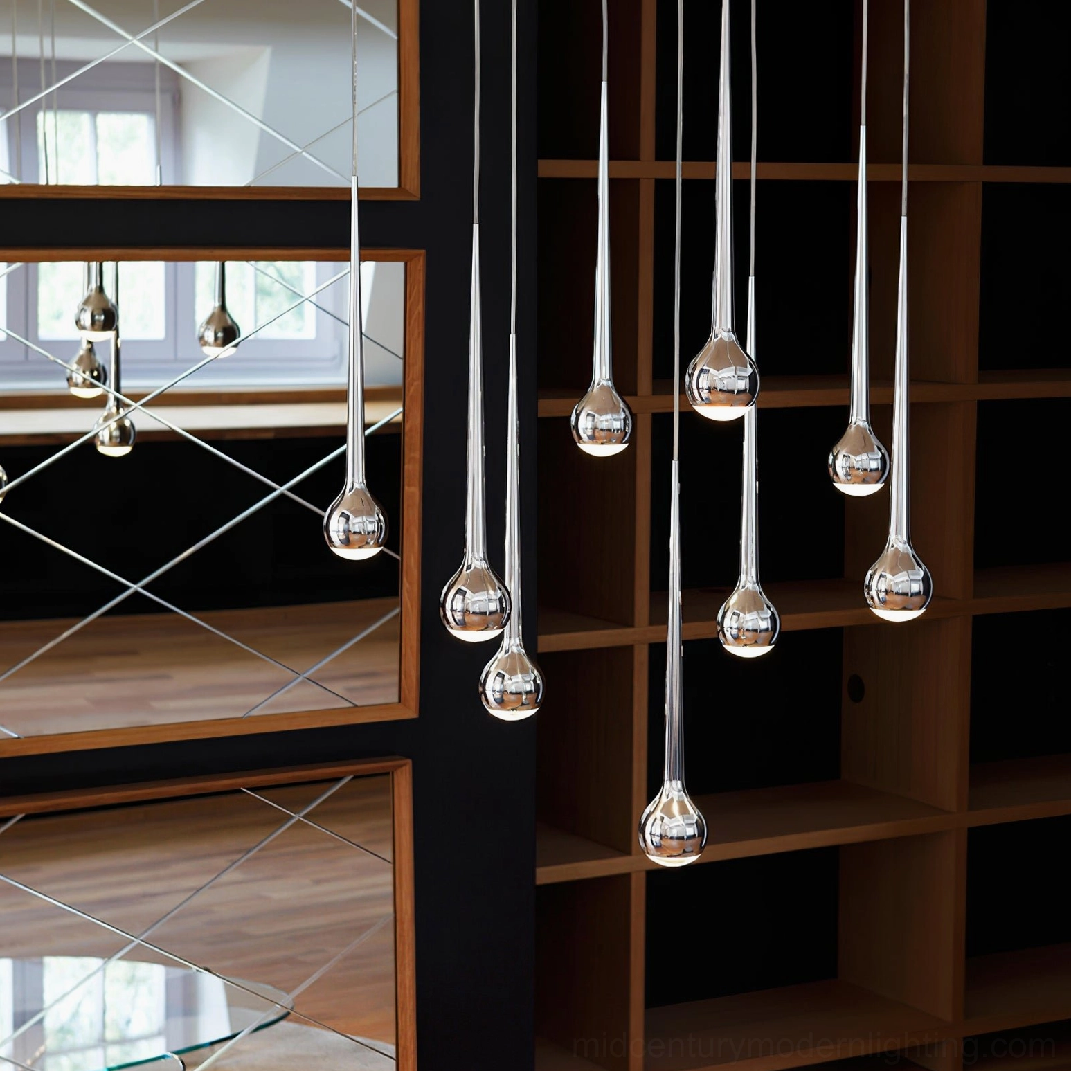 Close-up of teardrop pendant optical lens and light diffusion mechanism