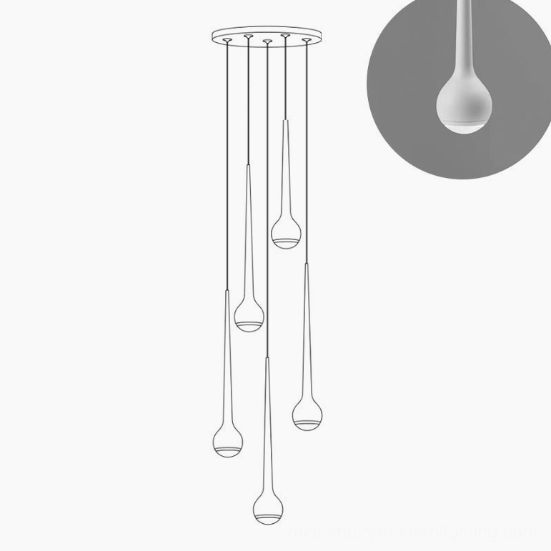 White five-head teardrop pendant light configuration for bright neutral lighting