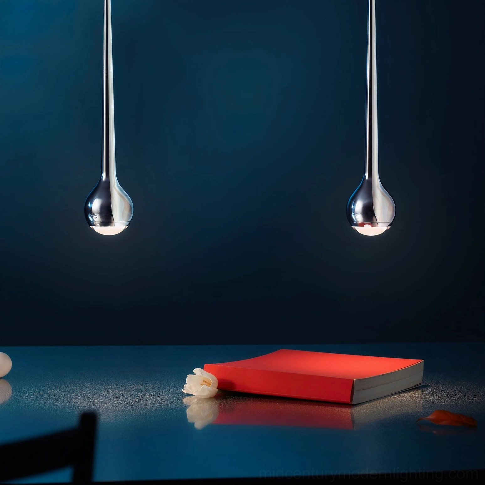 White finish teardrop pendant with integrated LED providing cool neutral light