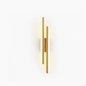 Fallon minimalist dual-tube wall sconce in gold metal with warm LED lighting on white background