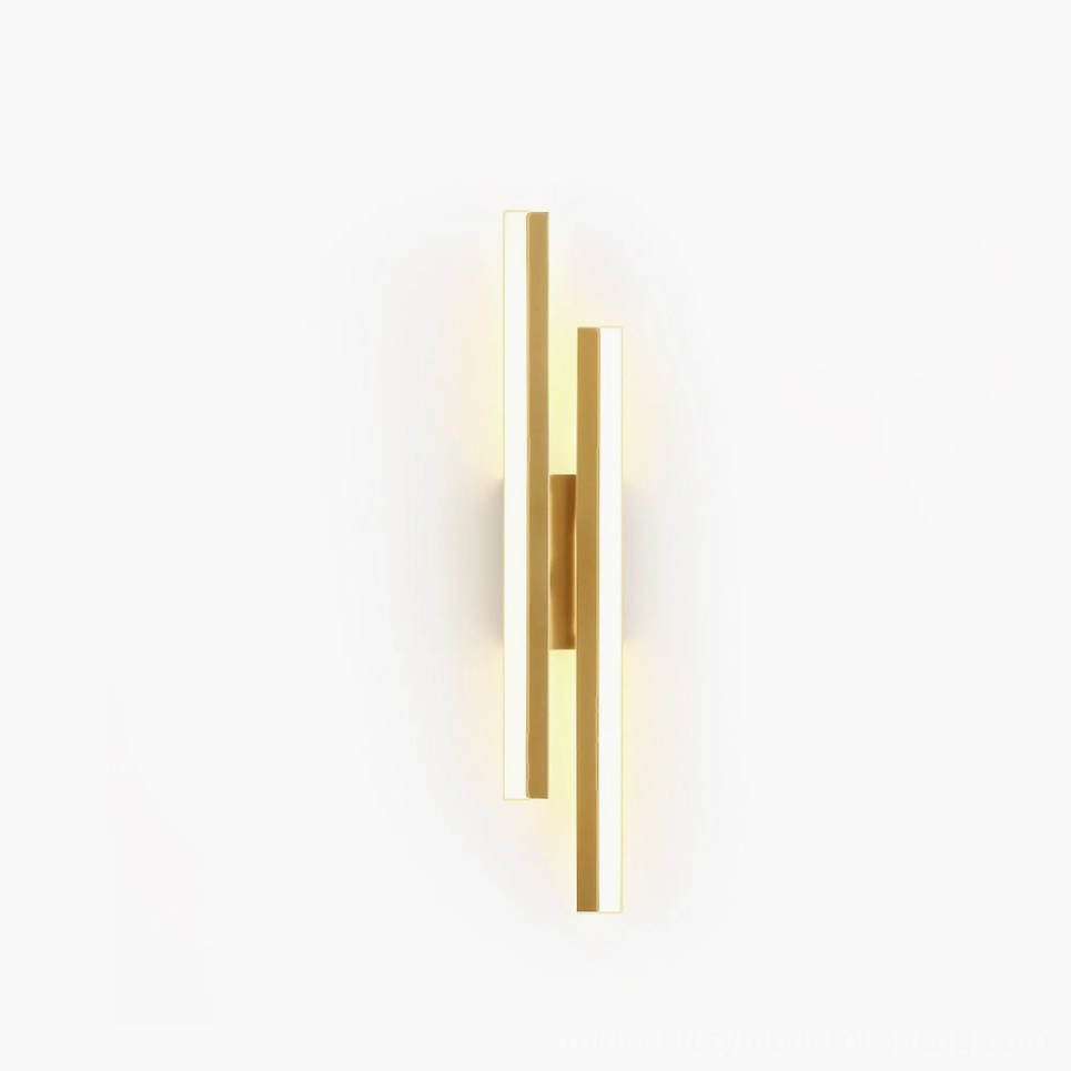 Fallon minimalist dual-tube wall sconce in gold metal with warm LED lighting on white background