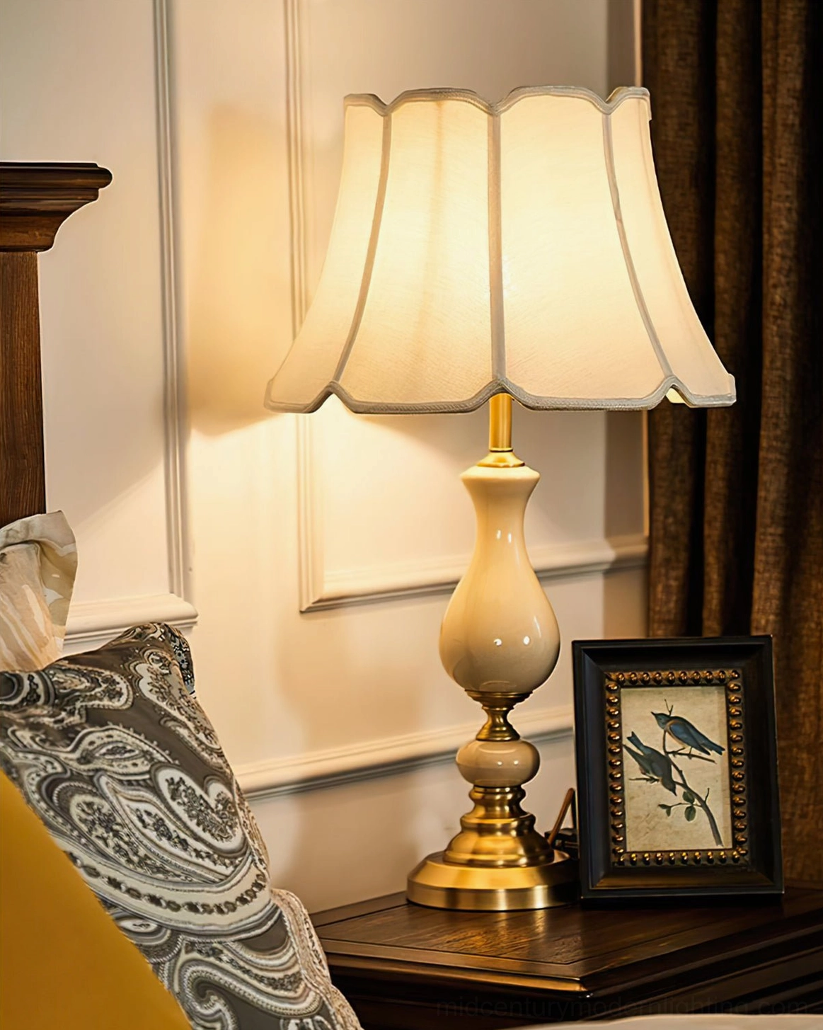 Fangio ceramic table lamp with brass base detail close-up view