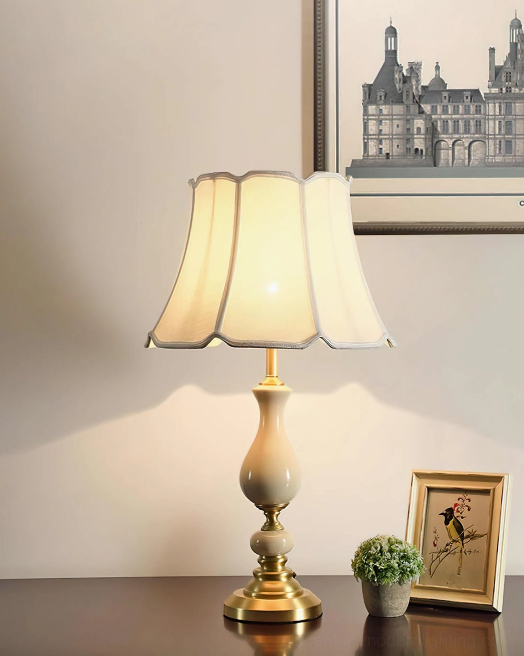Mid-century modern Fangio table lamp full height profile showing ceramic body and fabric shade