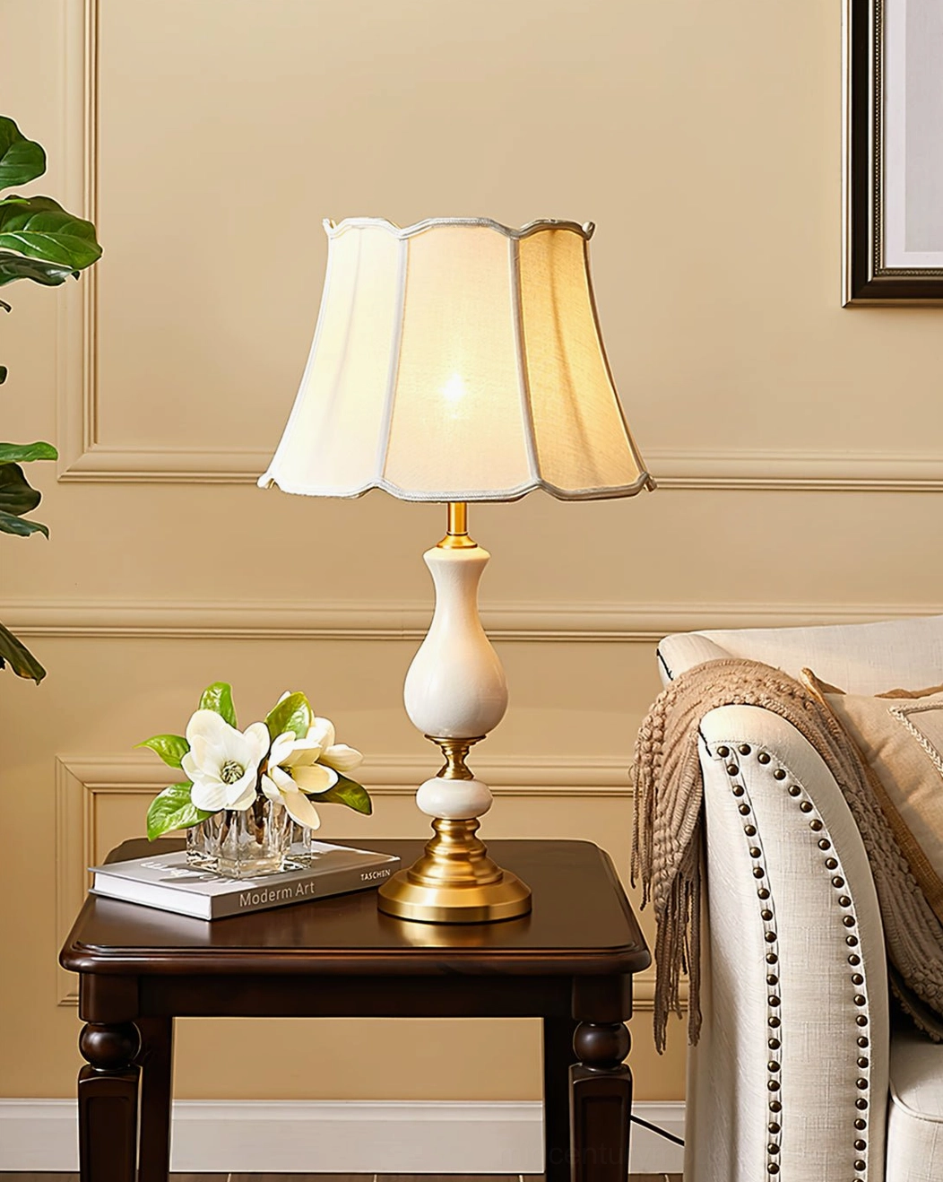 Ceramic lamp with potted plant and flower decor in living room side table scene