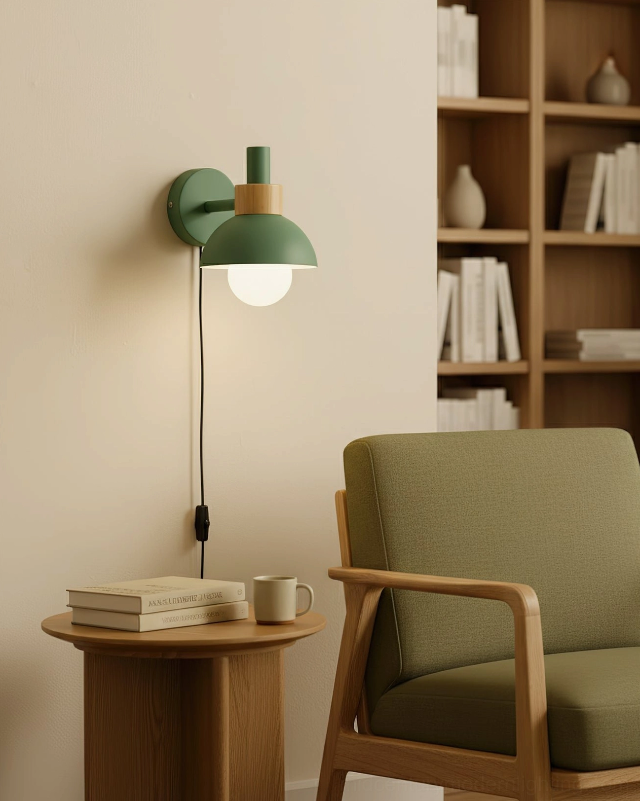 Fanta green wall lamp in contemporary living room reading corner with wood furniture accents