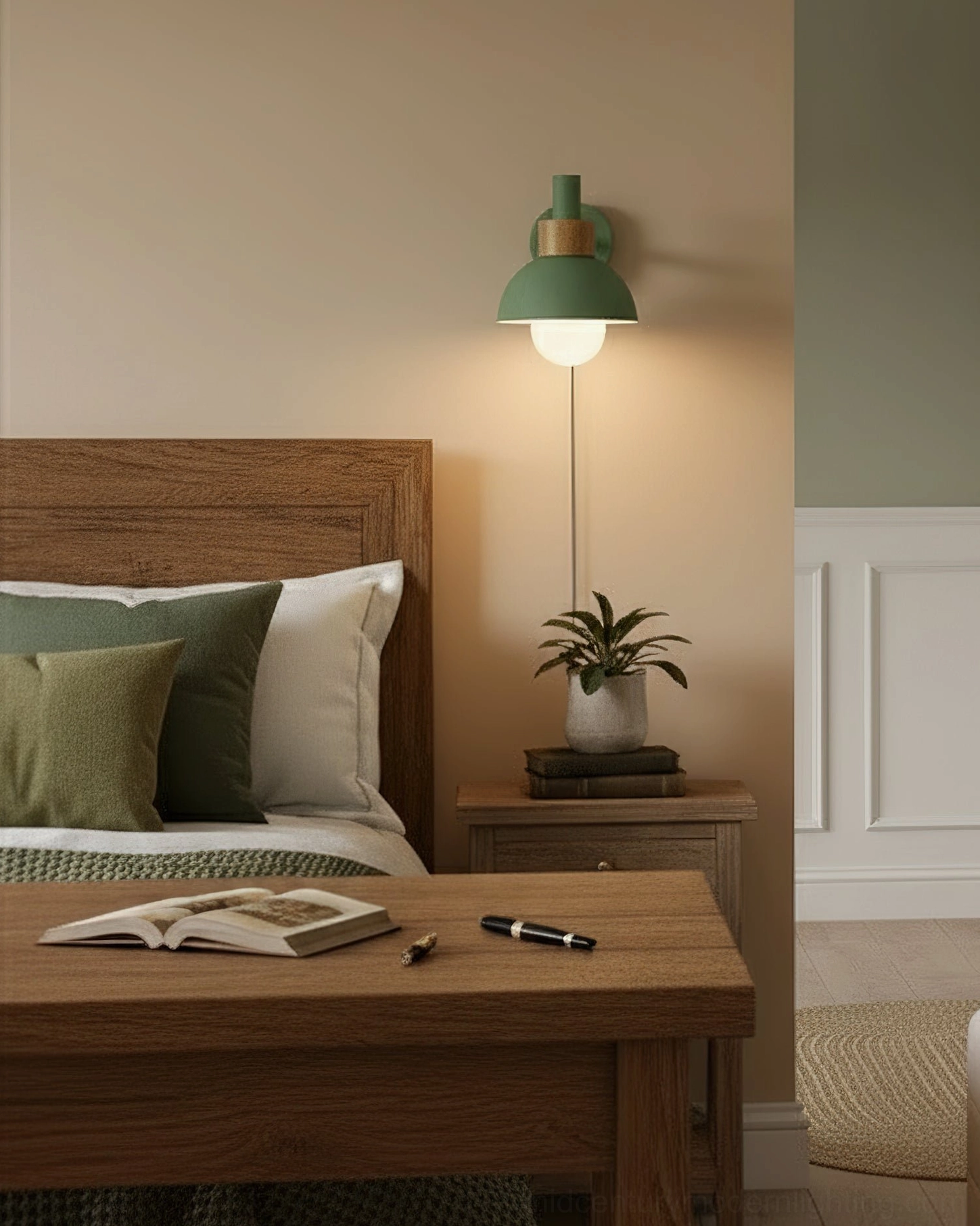 Fanta green compact wall sconce mounted above bedside table in wooden bedroom