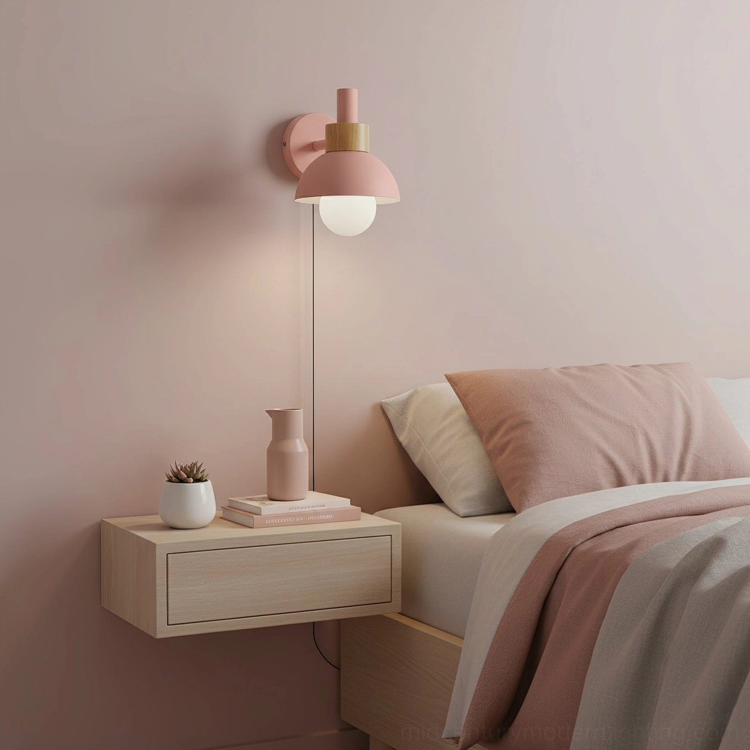 Fanta pink plug-in wall sconce in modern bedroom with pink bedding and Nordic interior styling