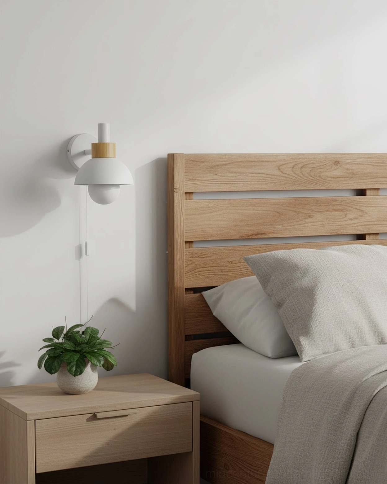 Fanta plug-in wall sconce detailed shot showing metal dome, wood bracket, and power cord with switch