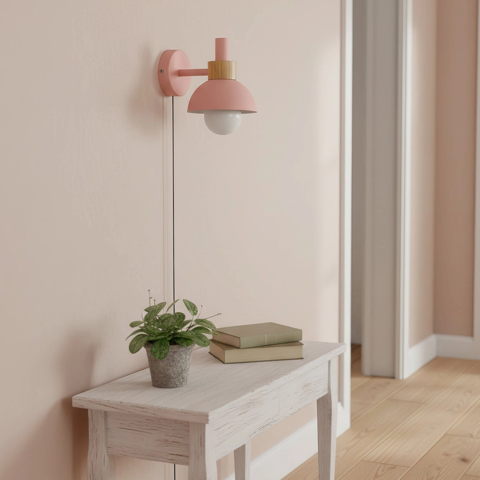 Fanta wall lamp close-up of dome shade metal finish and natural wood joint detail