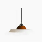 Far industrial pendant lamp with metal disc shade and walnut wood accent, front studio view on white background