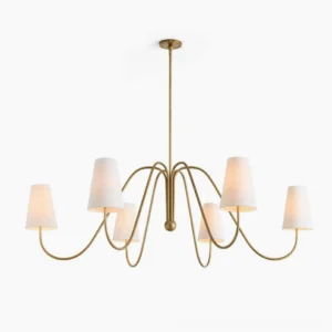 Farlane 6-light brass chandelier front view with white fabric shades, minimalist modern design, studio photography