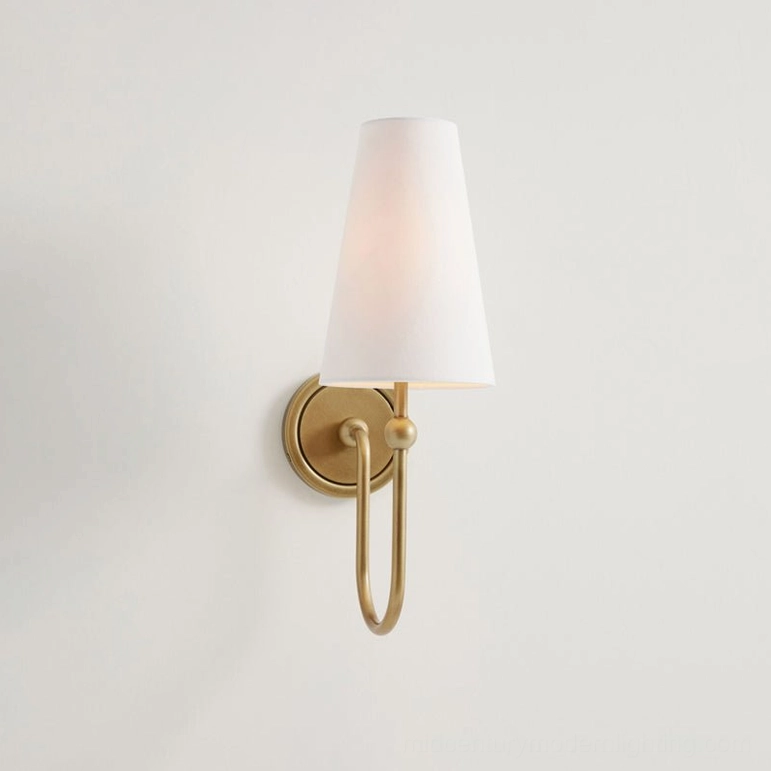 Farlane wall sconce side profile showing U-shaped curved metal arm and tapered shade