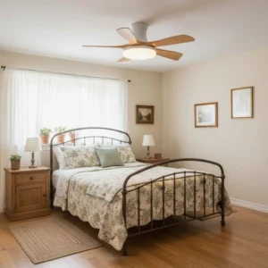 Vintage farmhouse bedroom interior with organic modern ceiling fan light providing soft ambient lighting
