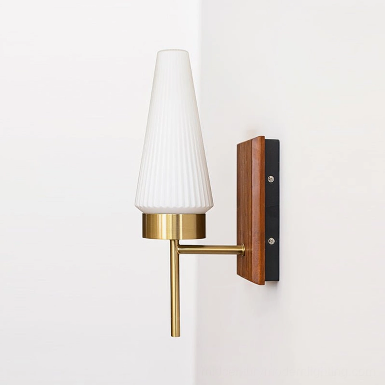 Farrell mid-century modern wall sconce complete fixture in walnut color with white glass and brass hardware