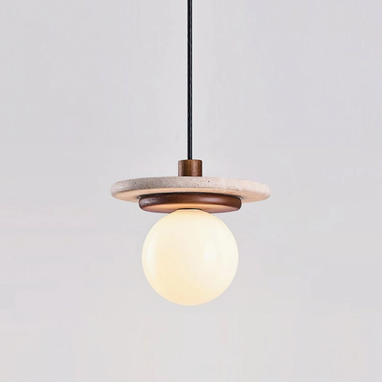 Front angle view of Farren travertine pendant showing hanging cord, layered structure, and frosted glass globe diffuser
