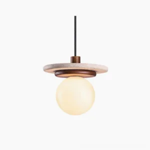 Farren travertine pendant light with stacked disk design, frosted glass globe, and walnut wood accent on white background