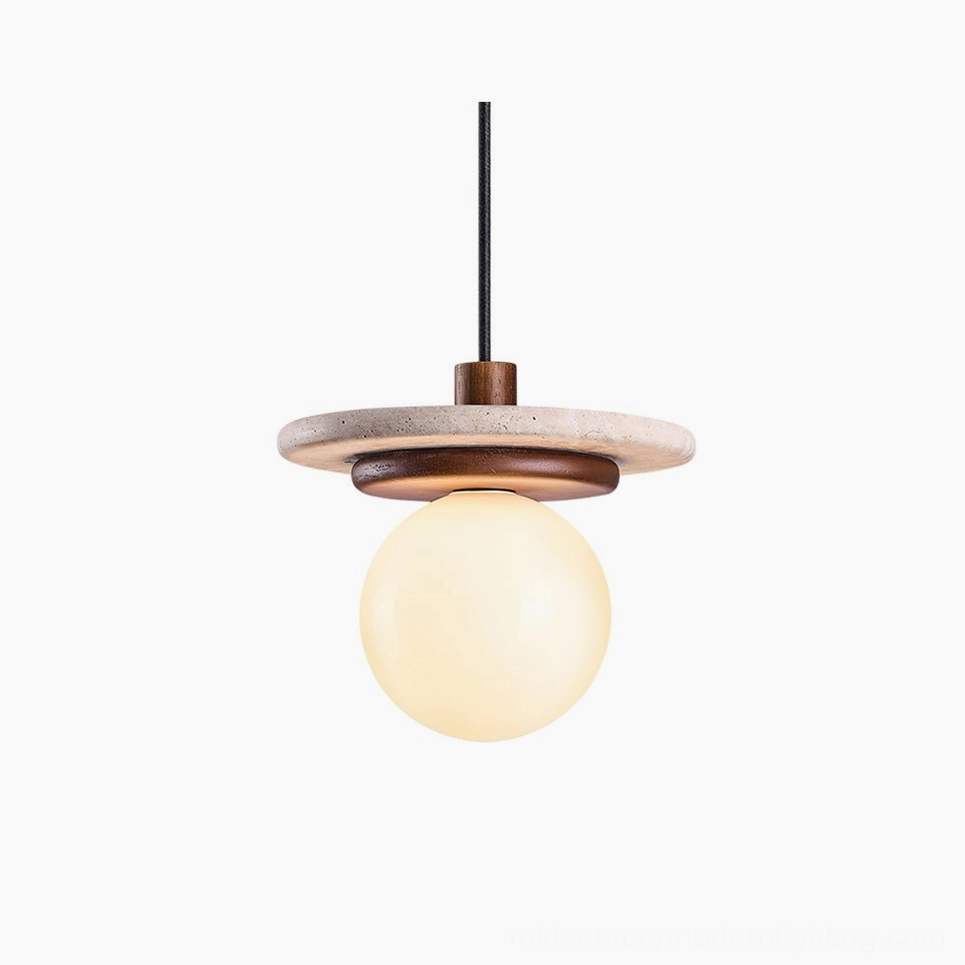 Farren travertine pendant light with stacked disk design, frosted glass globe, and walnut wood accent on white background