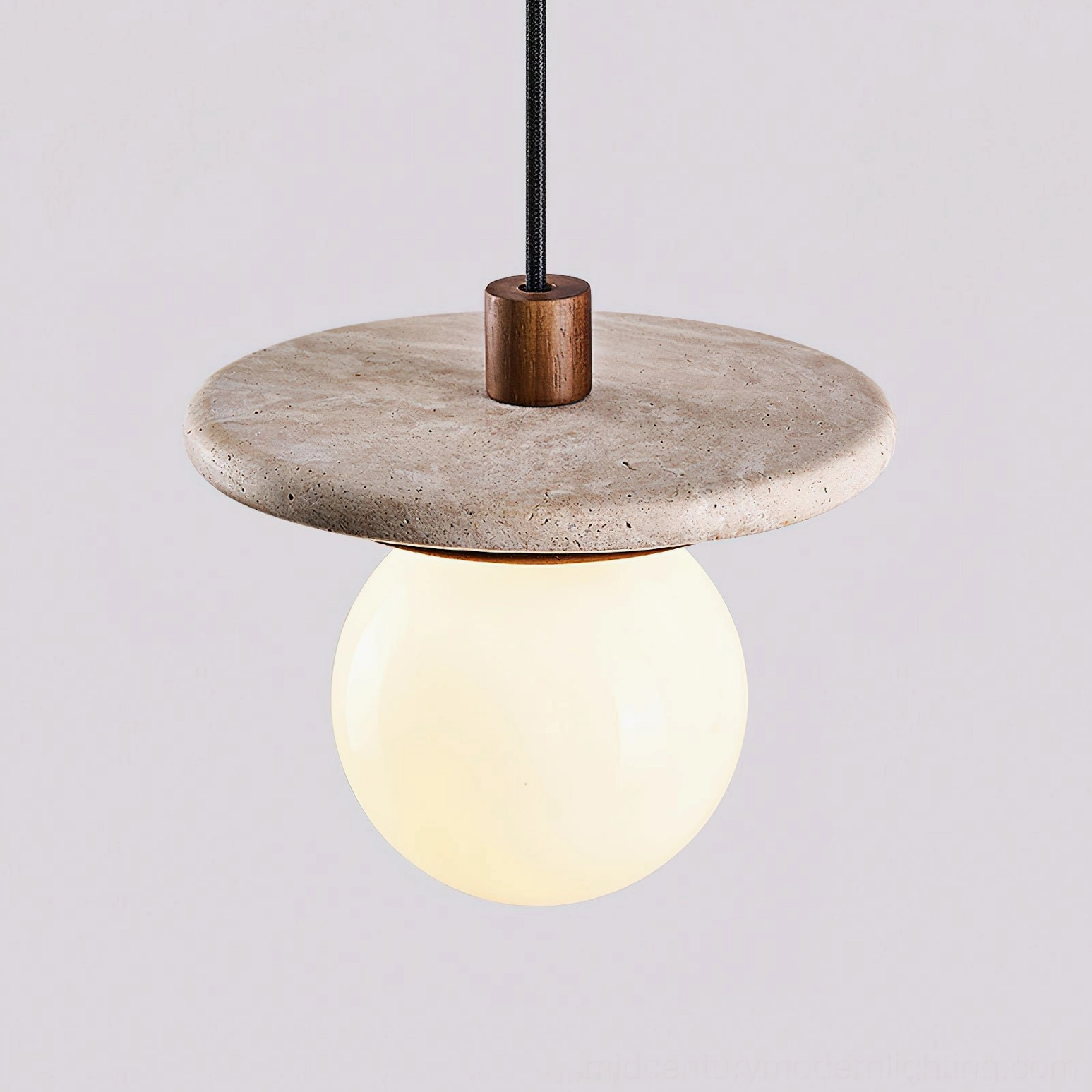 Side view of Farren travertine pendant showing stacked disk construction and stone-wood joint details on neutral background