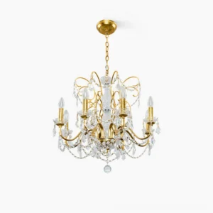 Fauna crystal chandelier front view, 6-head and 8-head size options with clear crystals and gold metal frame in studio lighting
