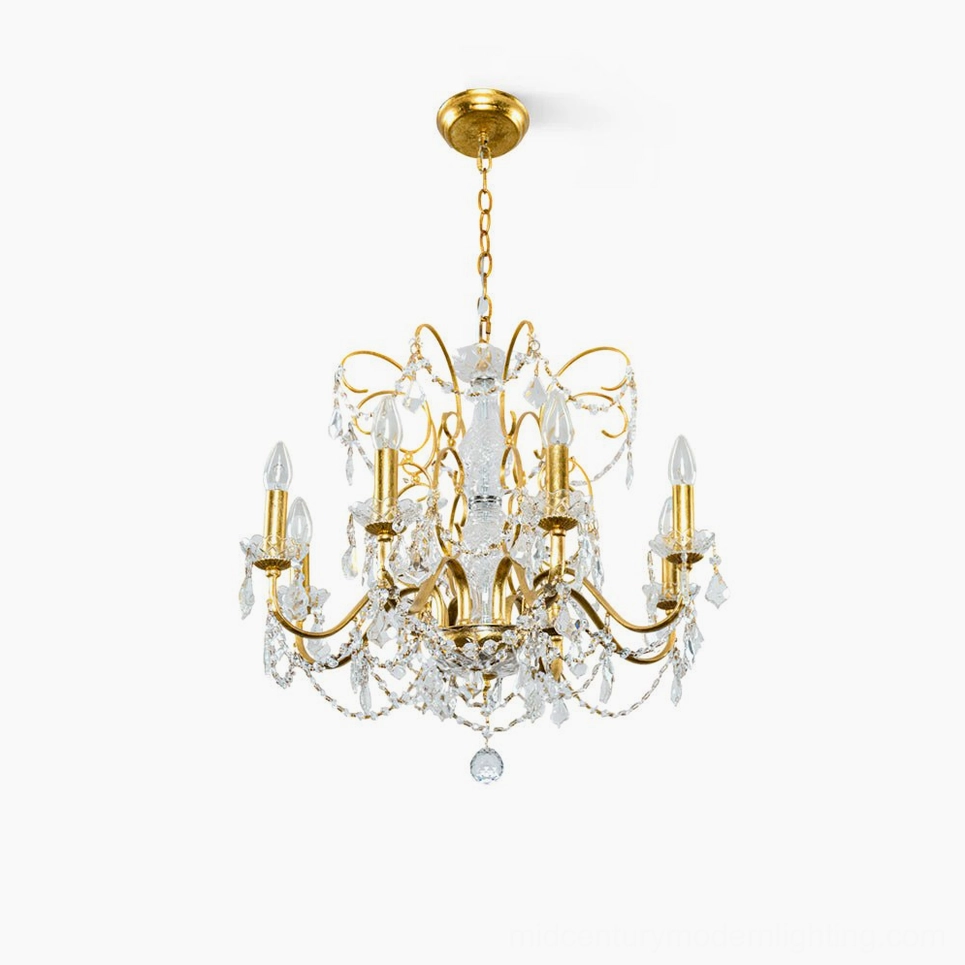 Fauna crystal chandelier front view, 6-head and 8-head size options with clear crystals and gold metal frame in studio lighting