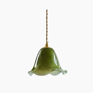 Fazzo mid-century modern pendant light with emerald ruffled glass shade and polished brass fixture on white background