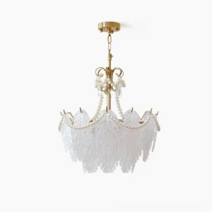 Feather Glass Chandelier with hand-shaped translucent glass blades and polished gold frame, studio view